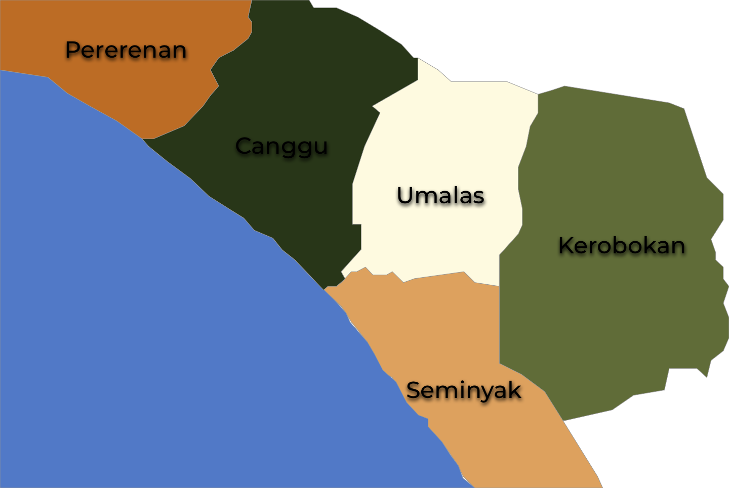 Bali Service Areas Map showing Canggu, Seminyak, Kerobokan, Umalas, and Pererenan